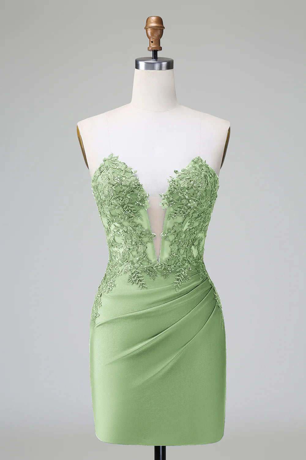 Dark Green Bodycon Strapless Pleated Beaded Short Homecoming Dress.