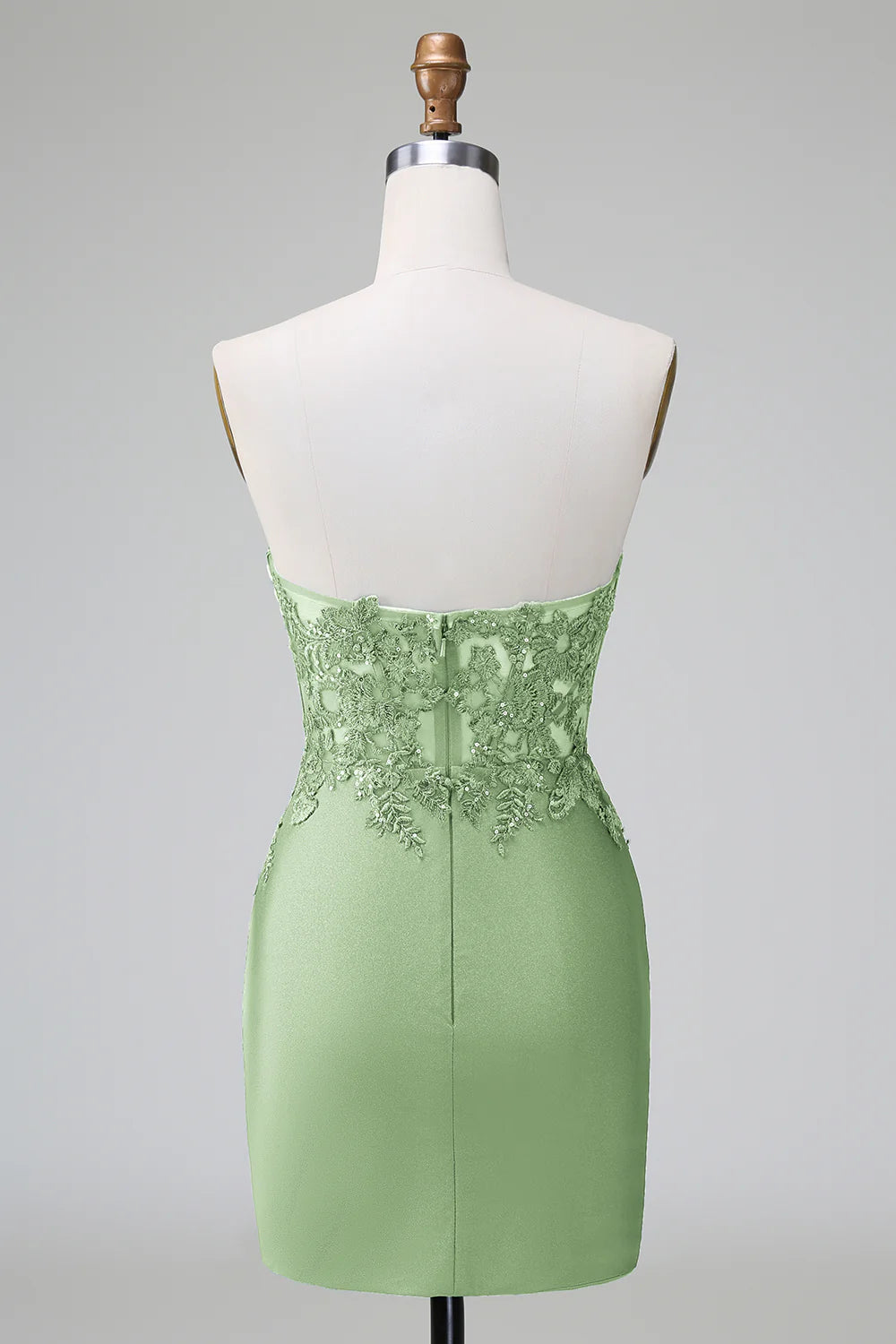 Back view of Dark Green Bodycon Strapless Pleated Beaded Short Homecoming Dress.