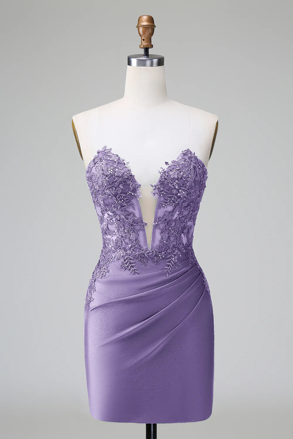 Purple Bodycon Strapless Pleated Beaded Short Homecoming Dress.