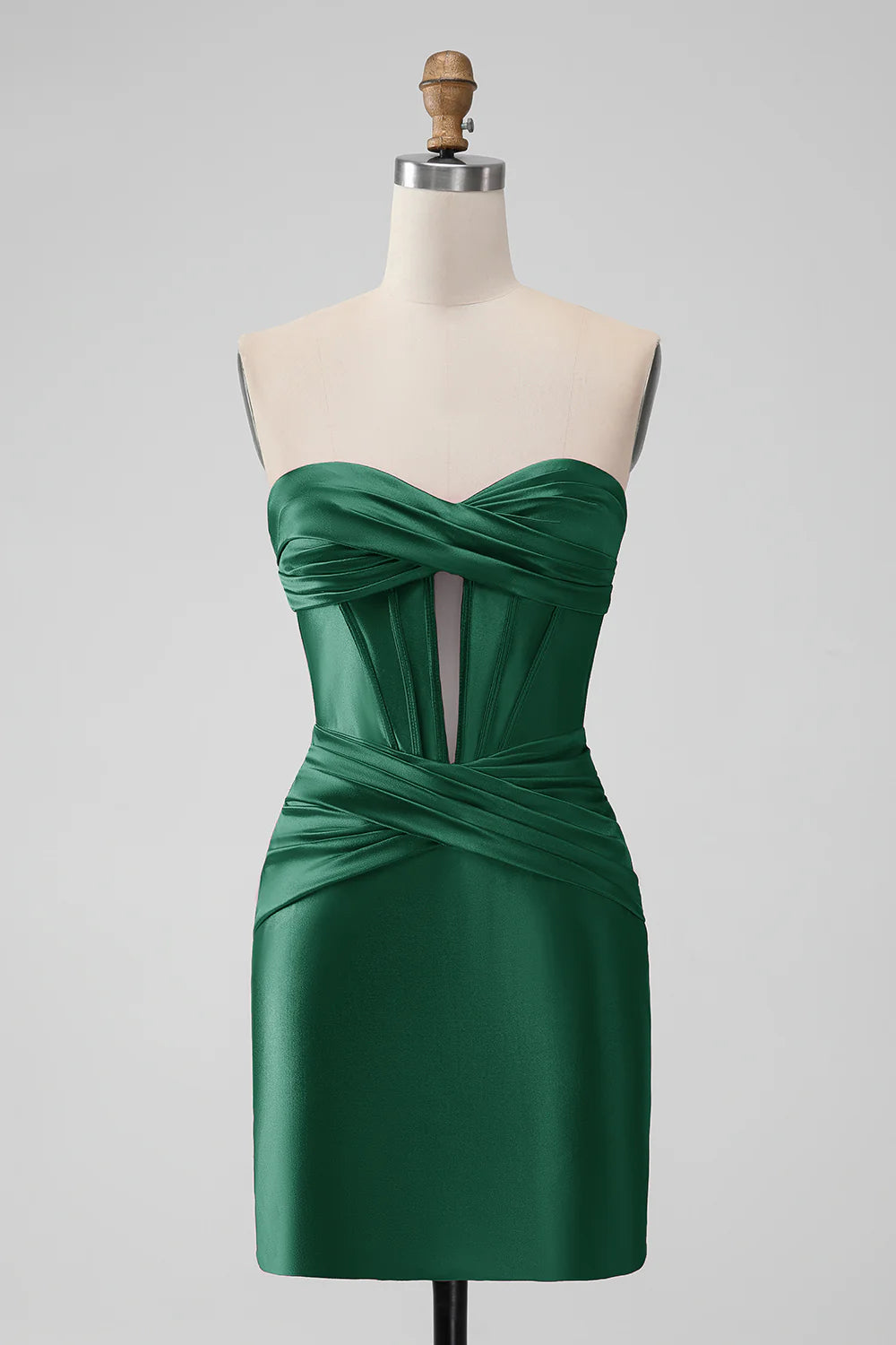Elegant Dark Green Bodycon Homecoming Dress with Sweetheart Neckline and Pleated Corset Detail.