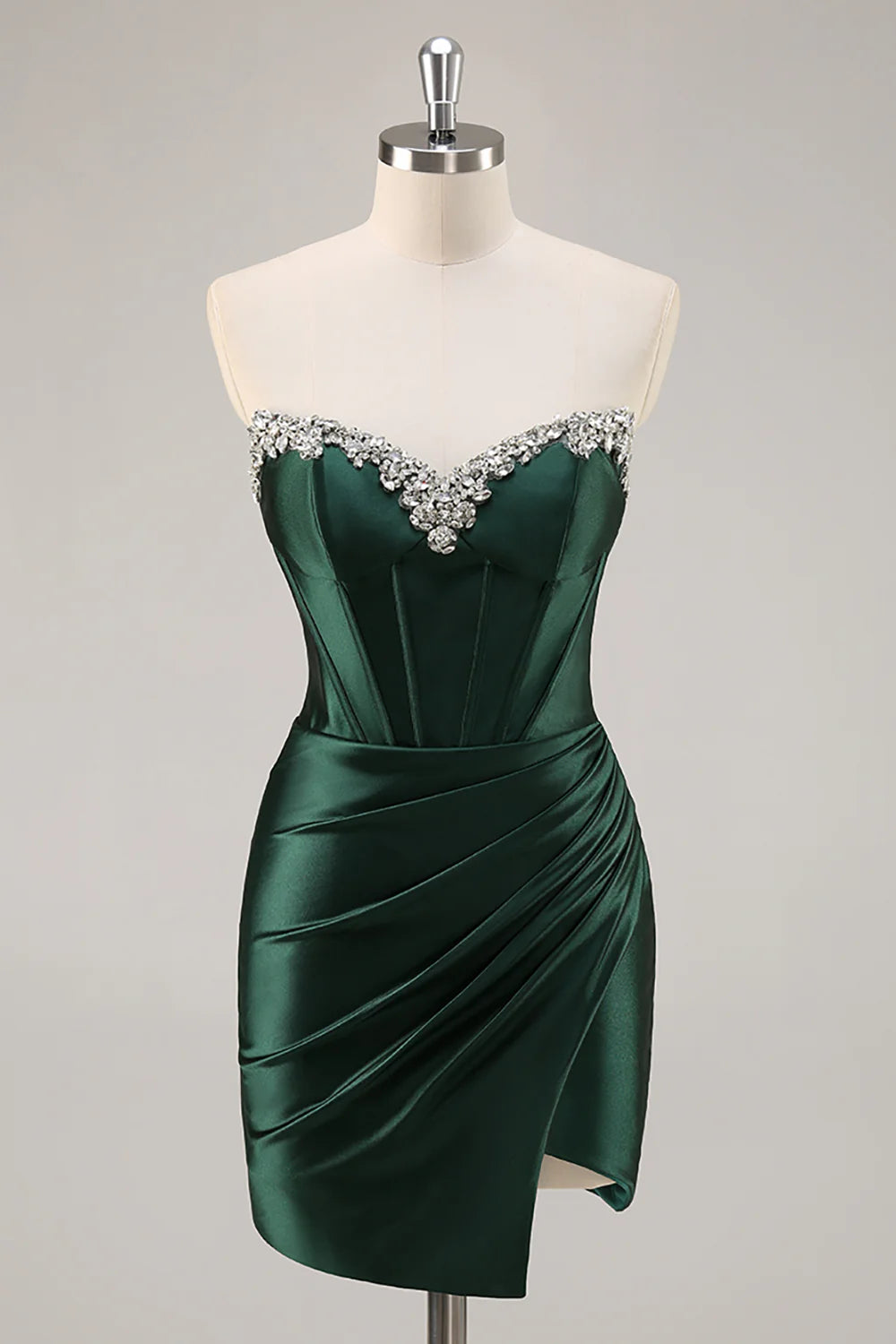 Front view of an elegant dark green strapless bodycon satin homecoming dress with a high slit.