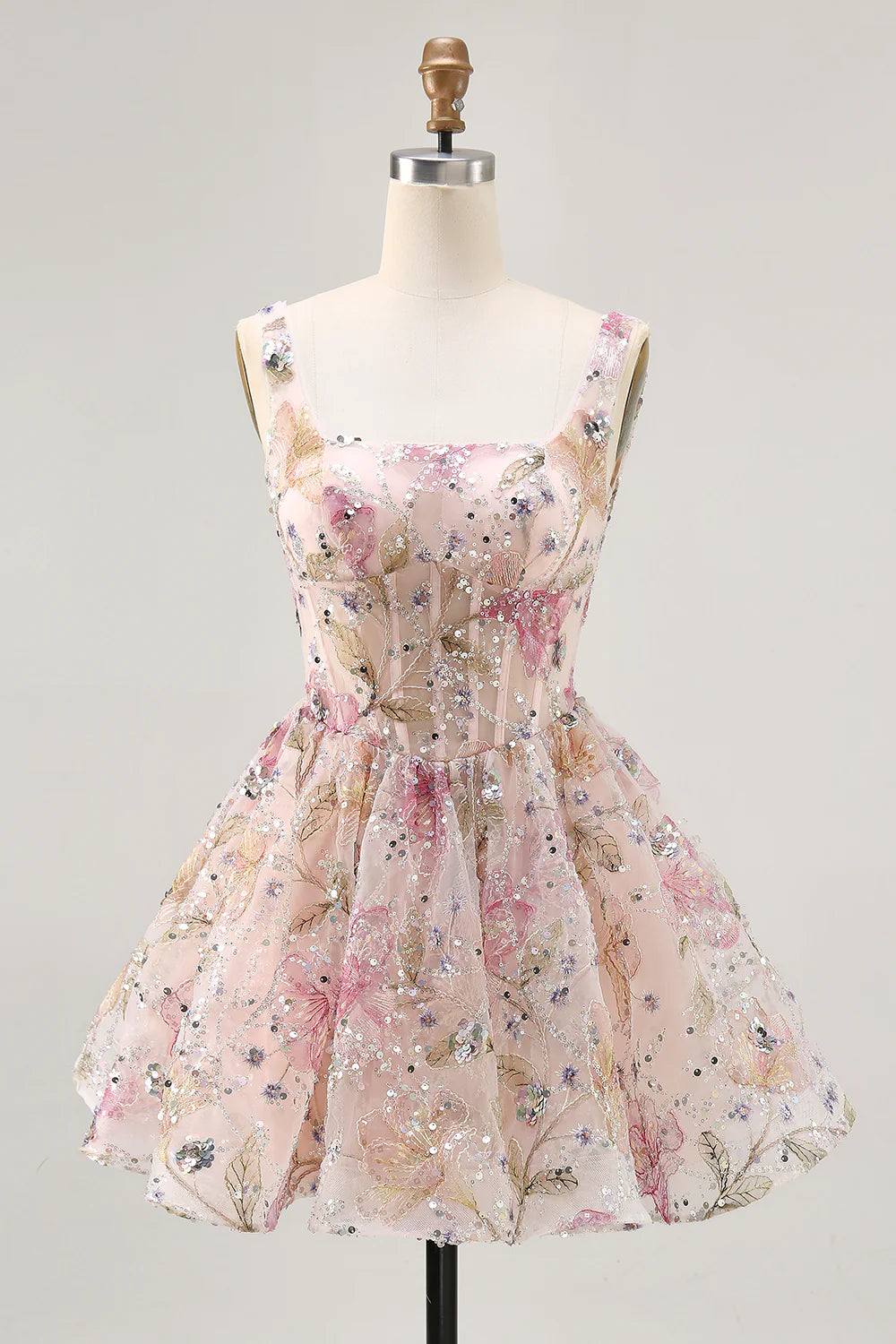 Pink floral A-line homecoming dress with square neck and sequins.