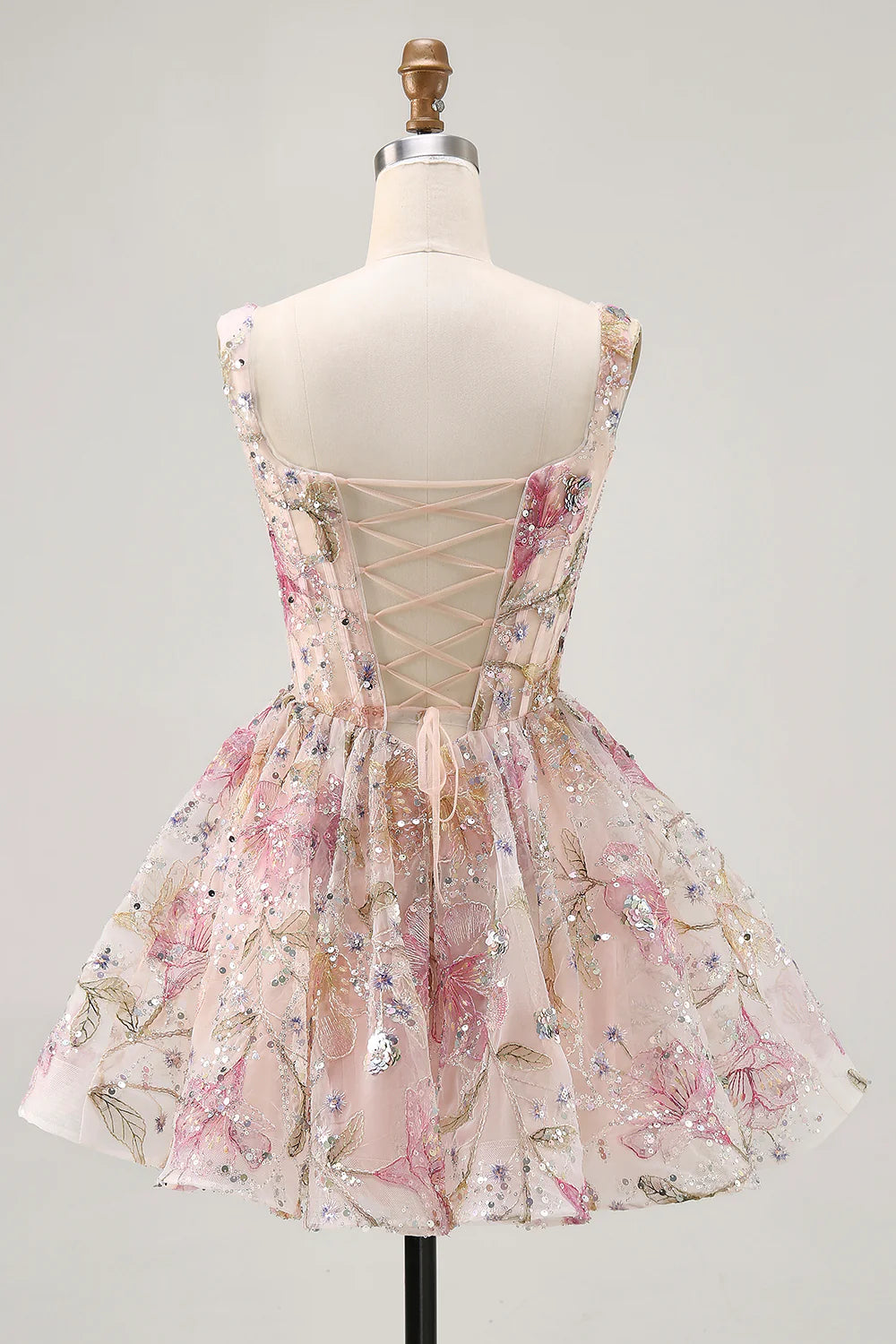 Pink floral A-line homecoming dress with square neck and sequins.