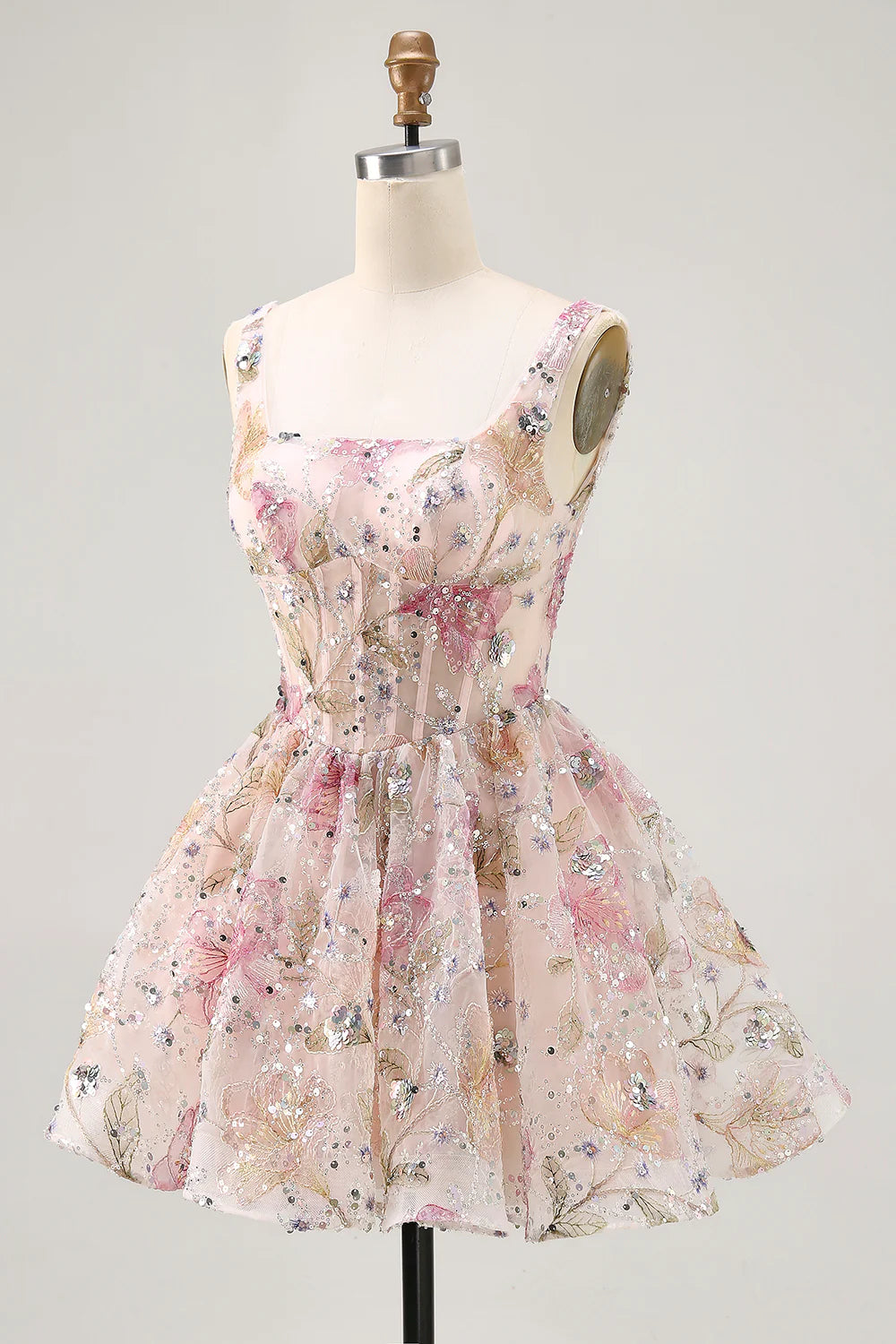 Pink floral A-line homecoming dress with square neck and sequins.