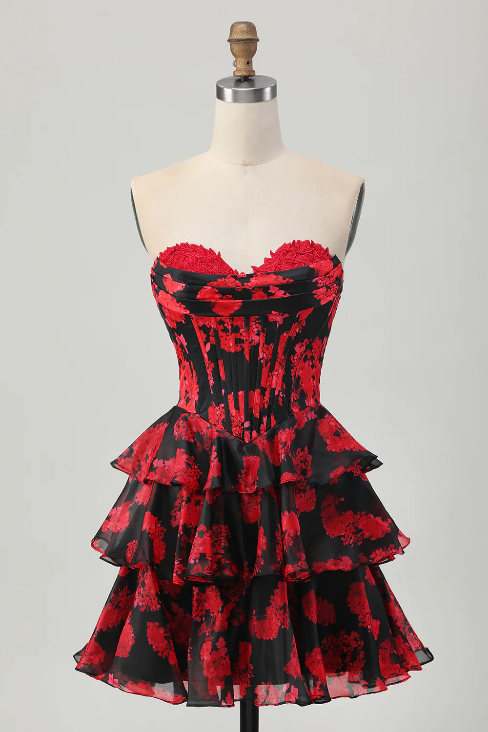 Elegant floral A-line strapless short homecoming dress in black and red.