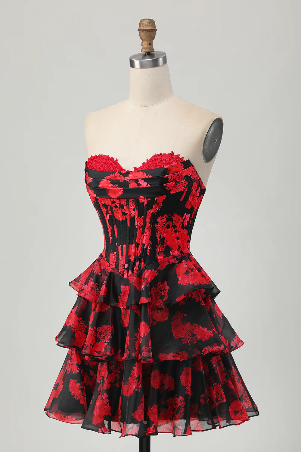 Back view of the short floral A-line strapless dress for homecoming.