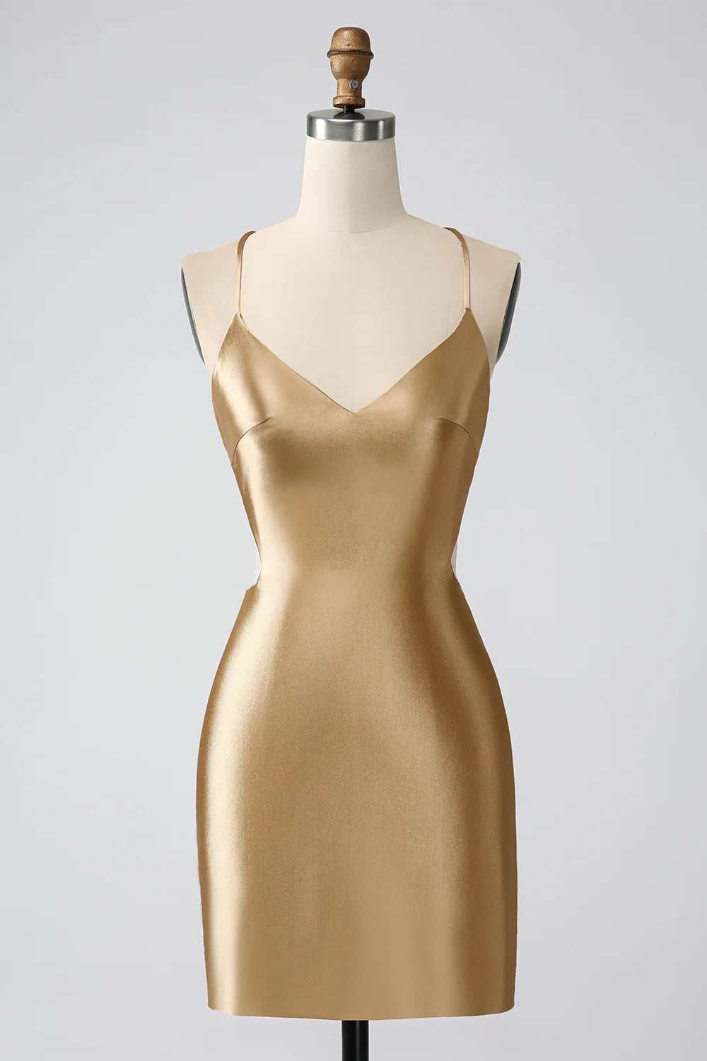 Front view of a golden bodycon homecoming dress with spaghetti straps.