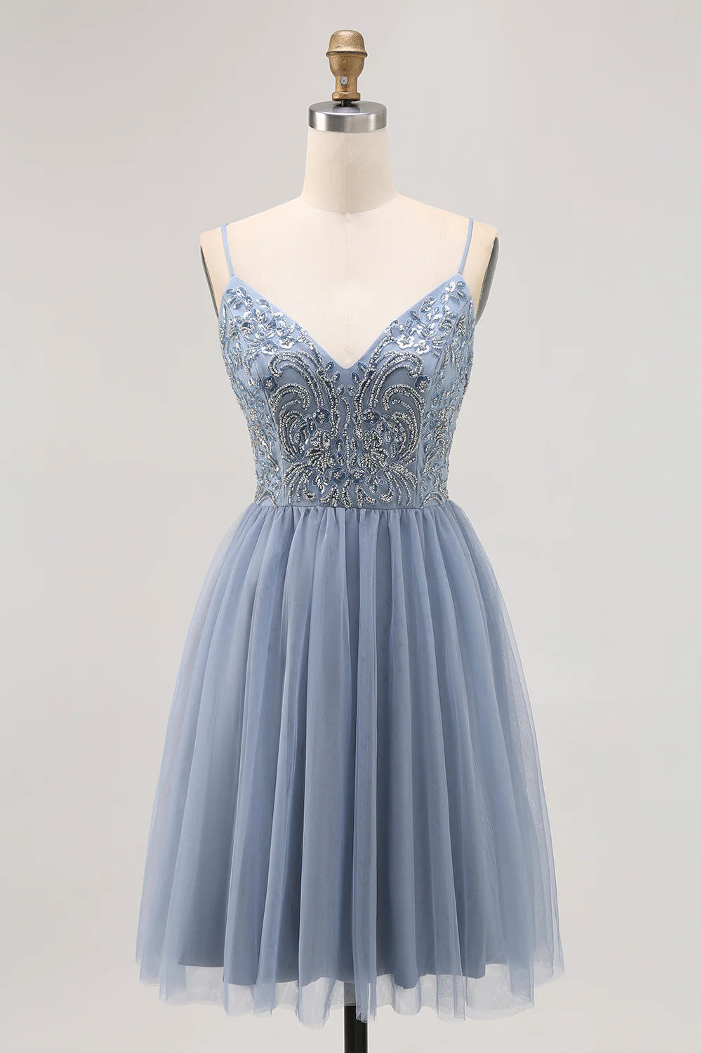Grey blue A-line short homecoming dress with beaded appliques.
