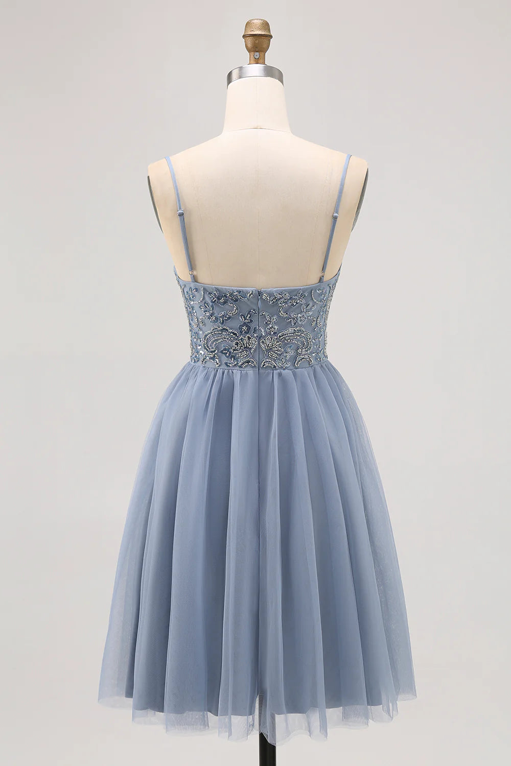 Back view of grey blue A-line short homecoming dress.