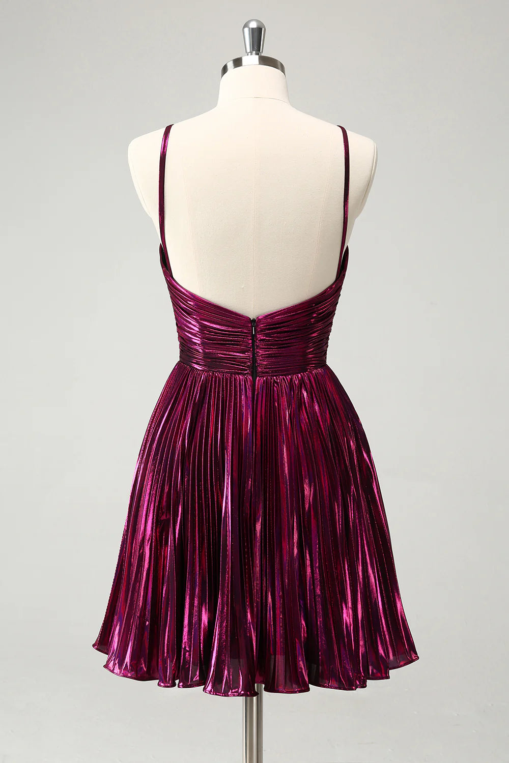 Back view of a purple metallic pleated A-line dress, showing the strapless design.