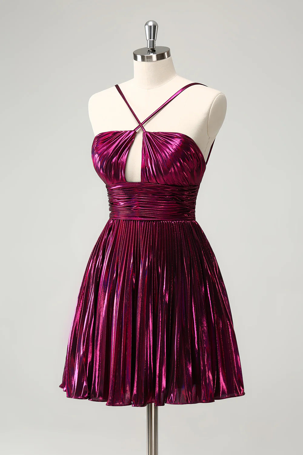 Side view of a short purple metallic homecoming dress with a flowing A-line skirt.