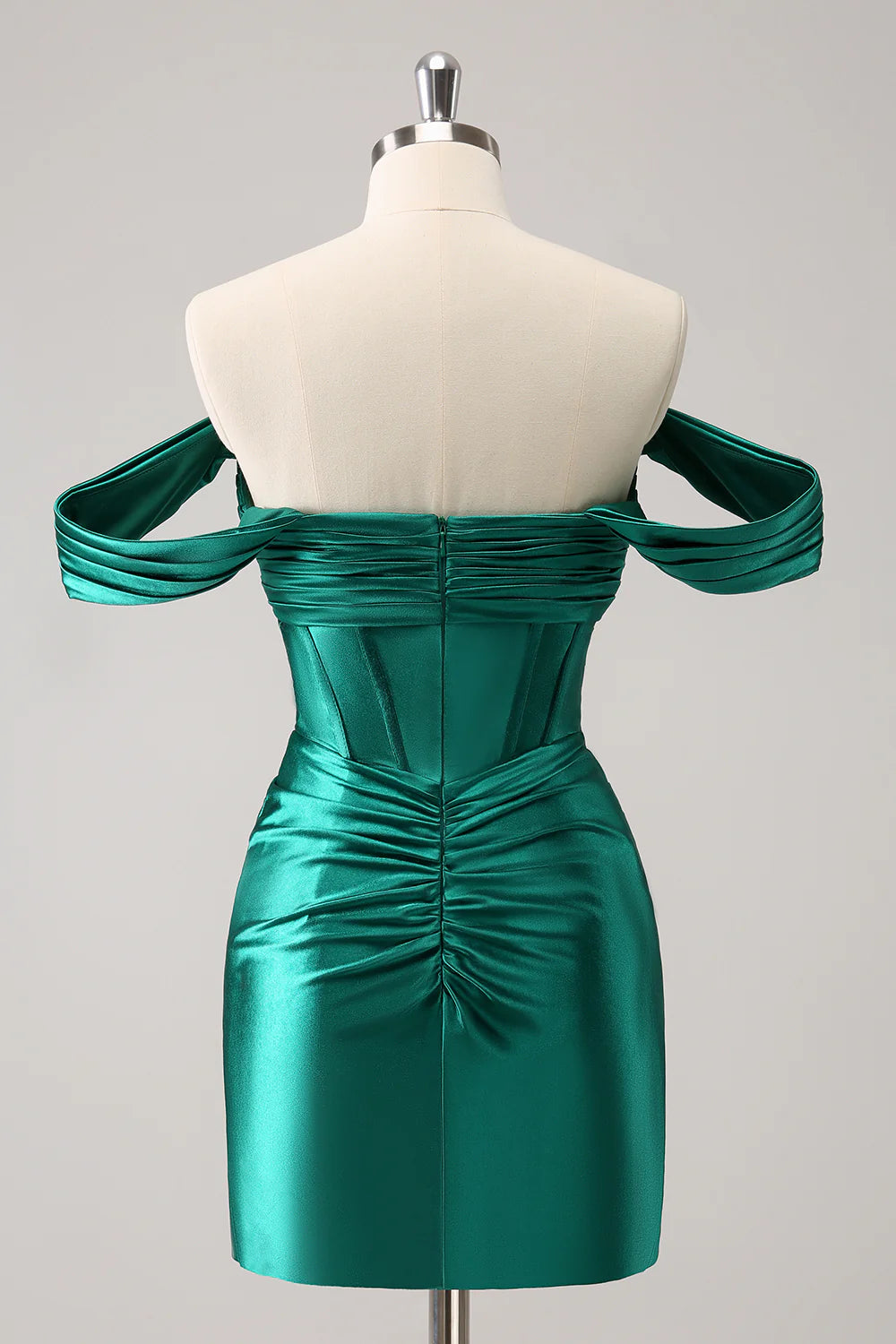 Back view of the dark green off-shoulder ruched corset dress, showcasing the design.