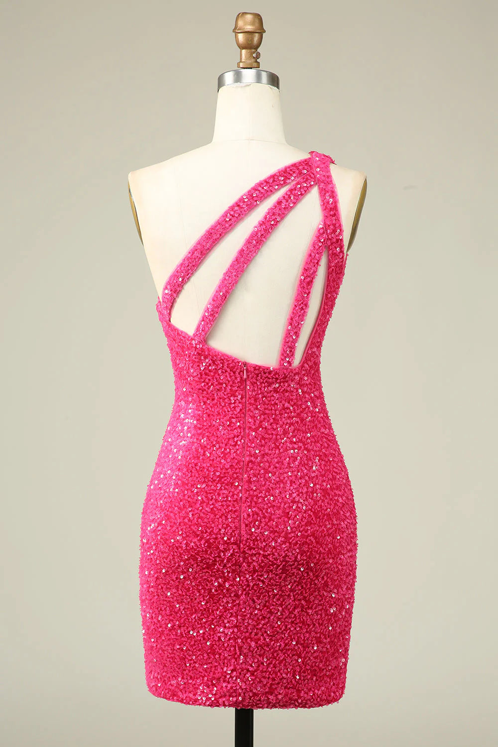 Back view of the fuchsia one-shoulder sequin dress.