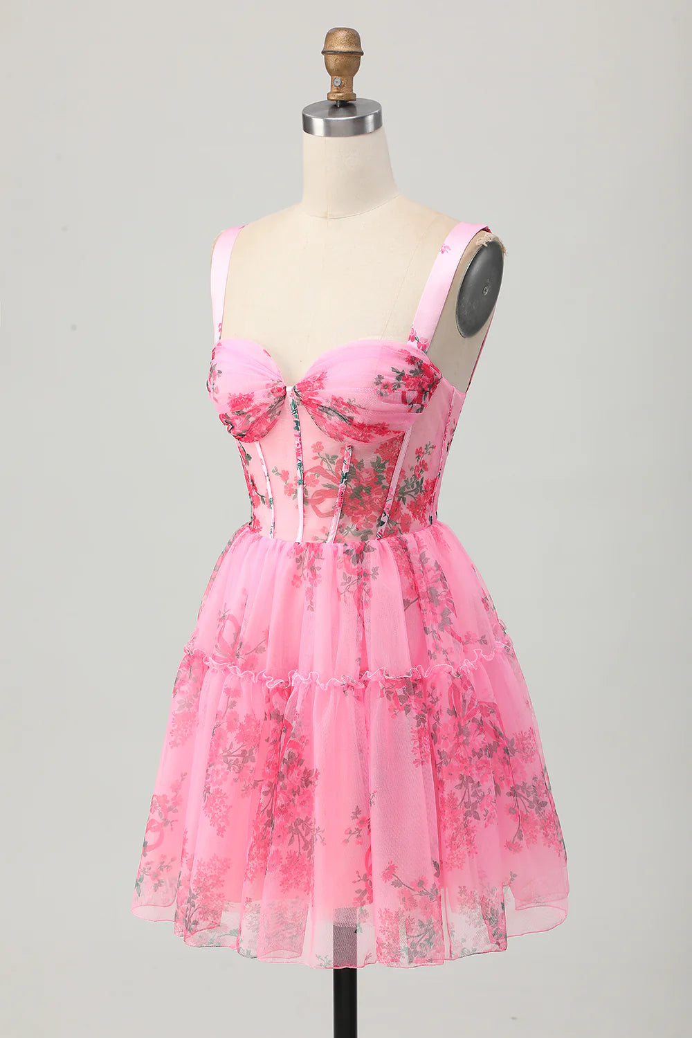 Back view of the pink floral printed strapless A-line dress.