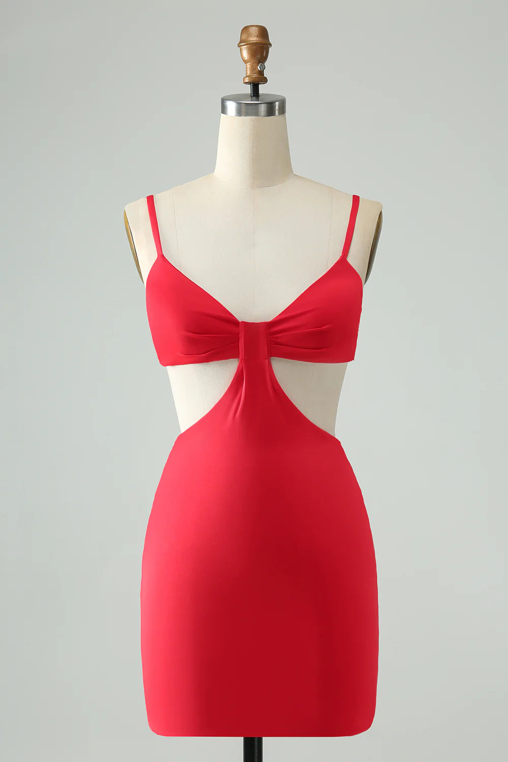Red bodycon homecoming dress with spaghetti straps and hollow out detail.
