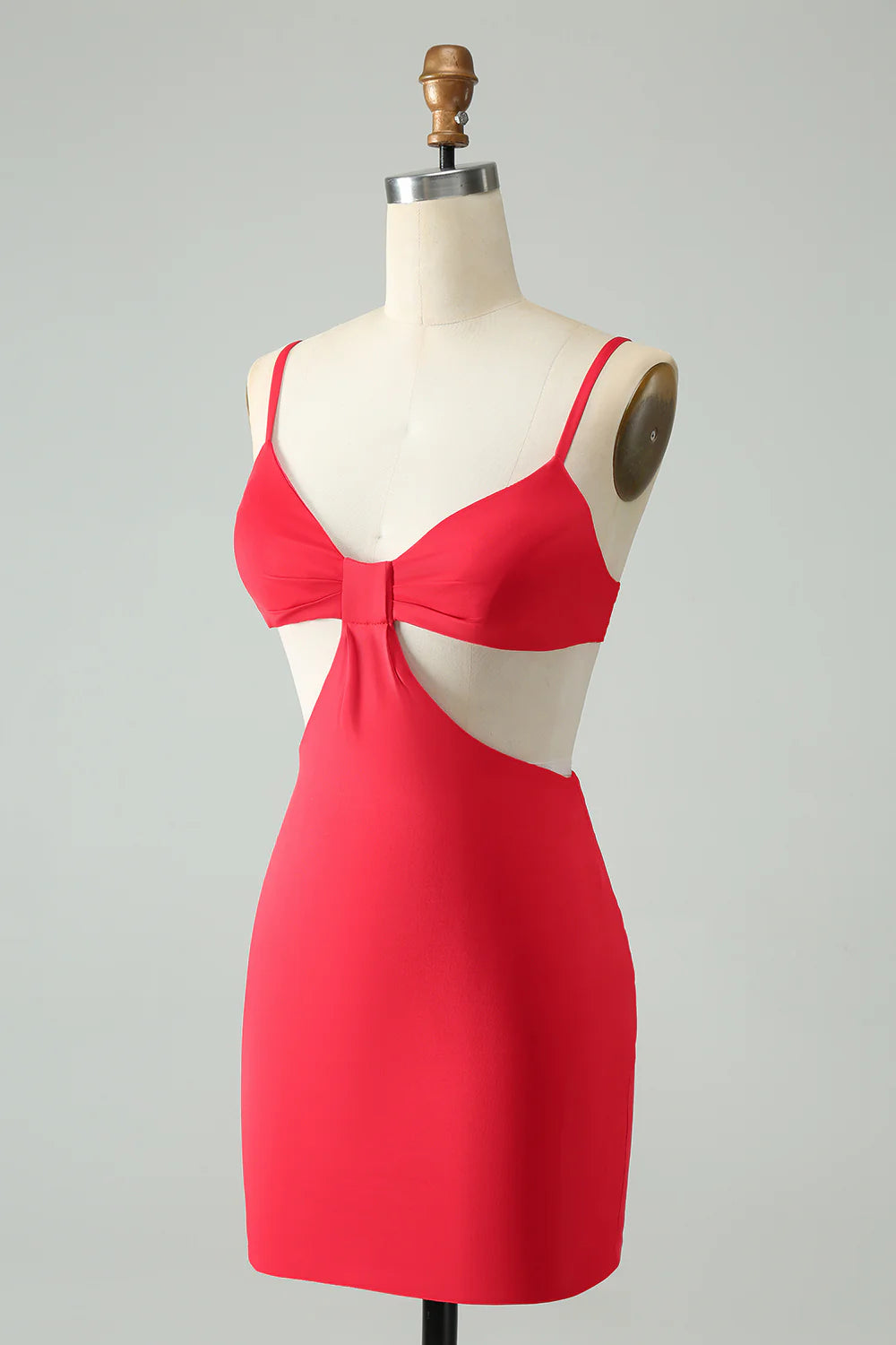 Side view of elegant red spaghetti strap dress with hollow out.