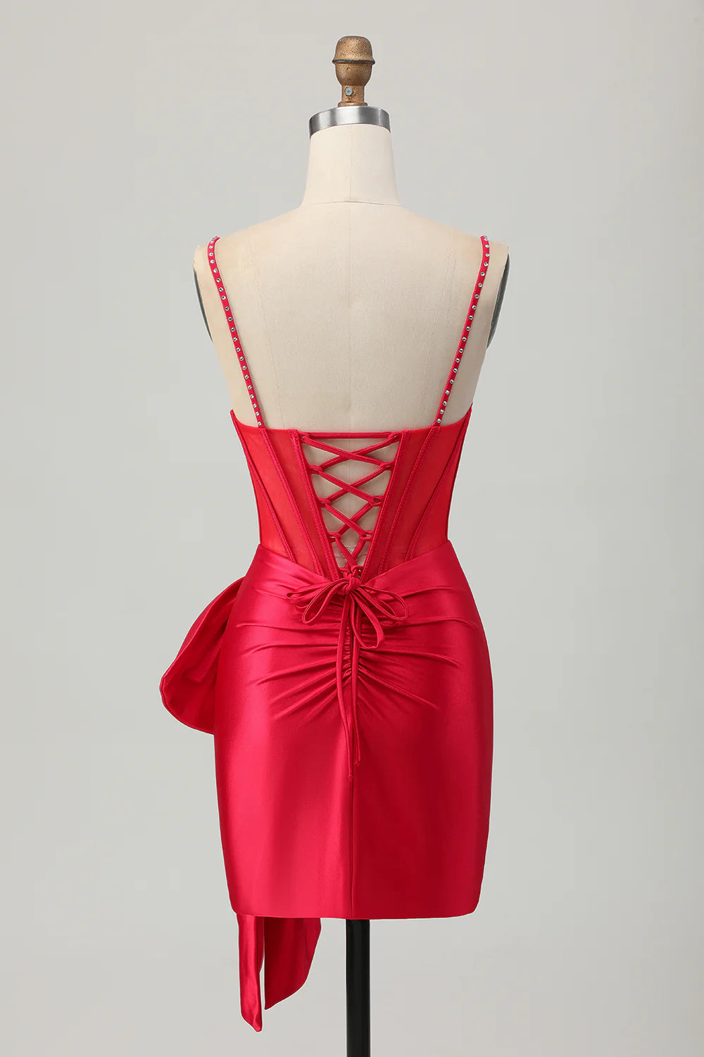 Back view of a red satin bodycon short dress.