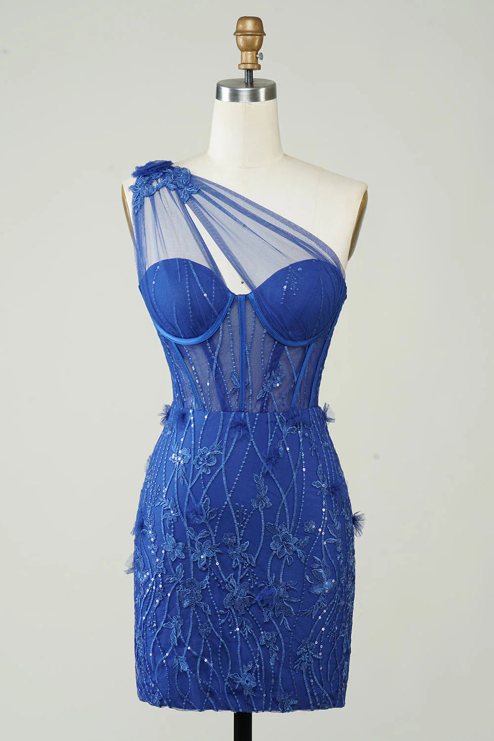 Royal blue sheath one-shoulder homecoming dress with appliques, front view.