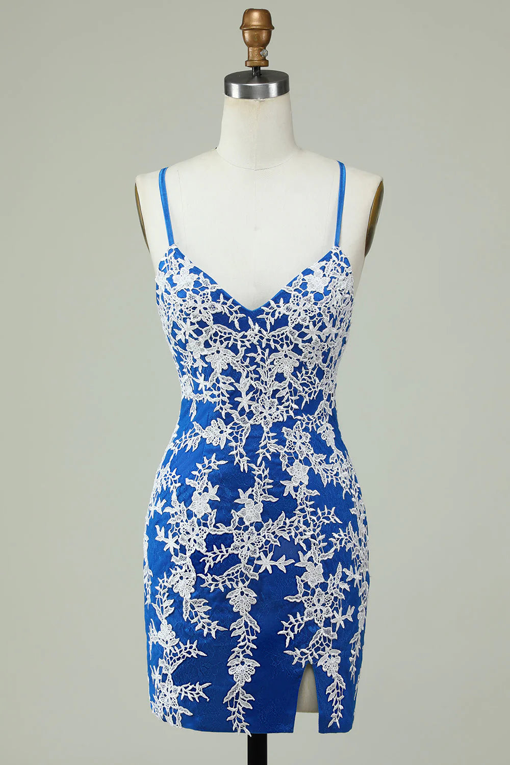 Elegant blue sheath homecoming dress with spaghetti straps and intricate appliques.