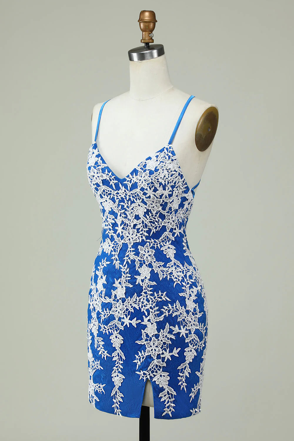 Back view of the blue ankle-length homecoming dress with spaghetti straps.
