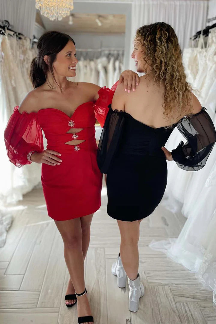 A woman posing gracefully in a fitted floor-length V-neck long sleeve formal dress.