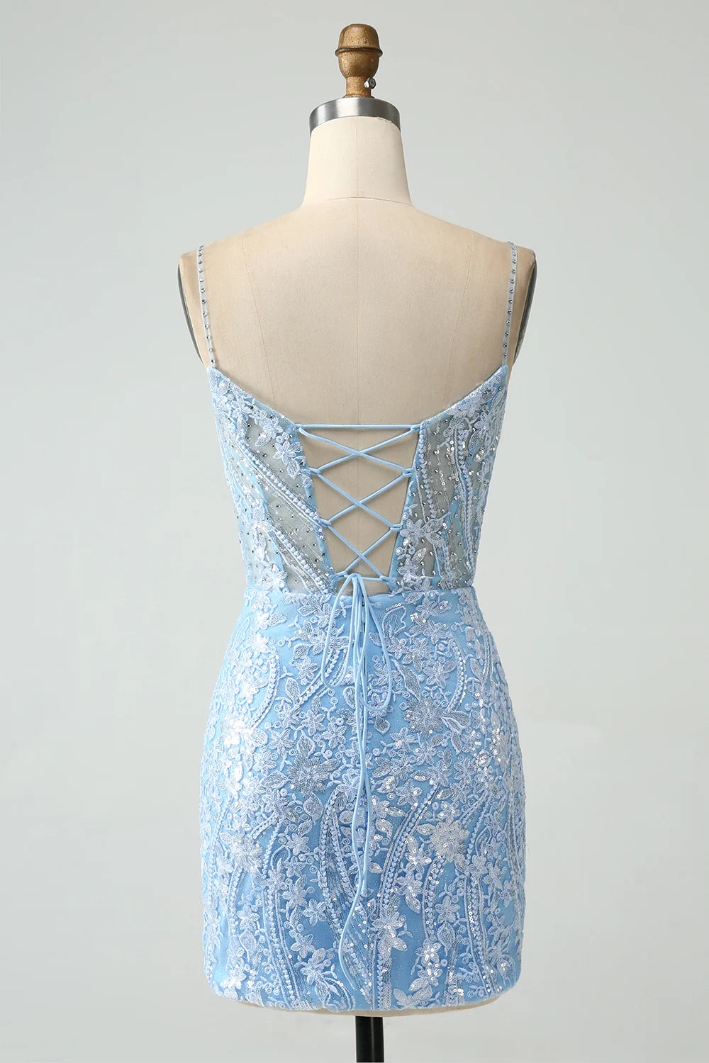 Back view of the sky blue beaded homecoming dress.