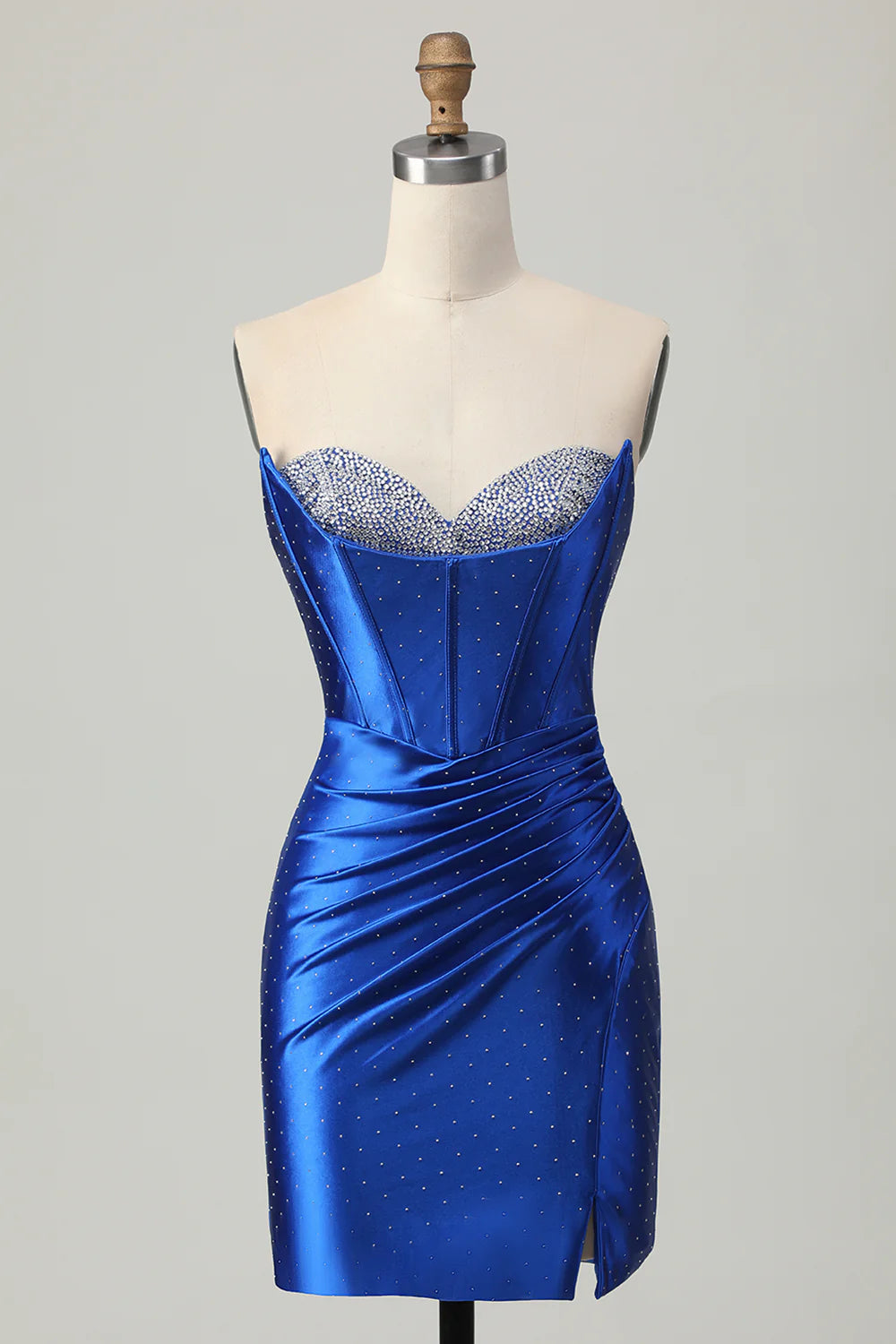 Royal blue strapless bodycon homecoming dress with beaded corset.
