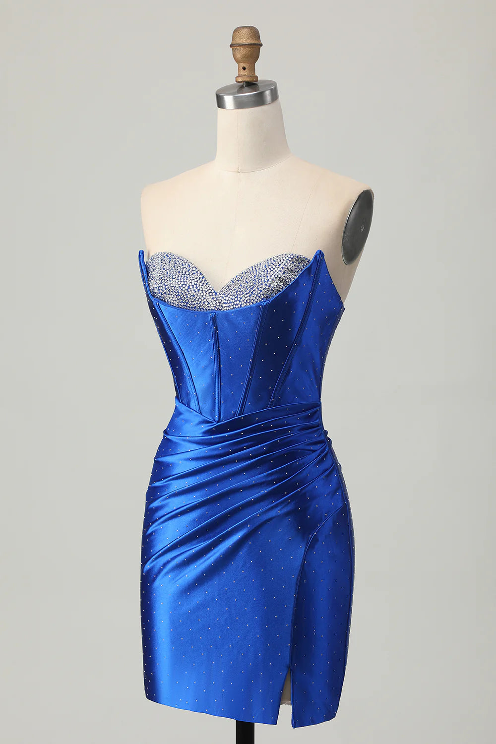 Back view of the beaded royal blue strapless dress.