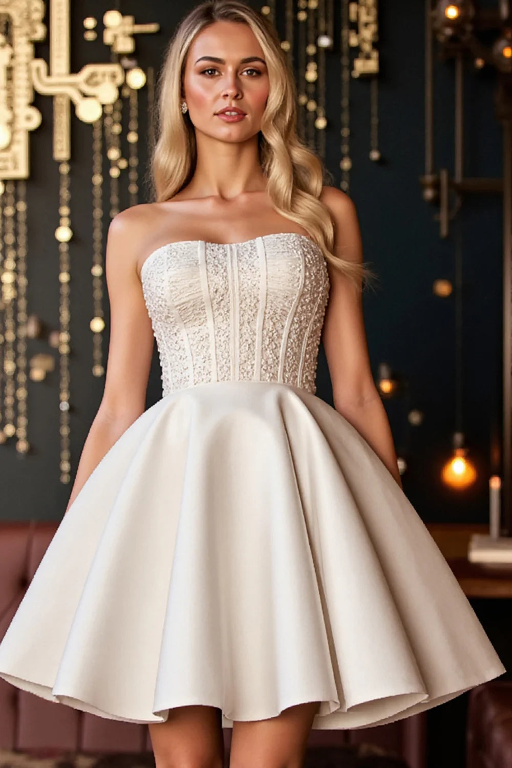 Ivory strapless corset A-line mini homecoming dress.