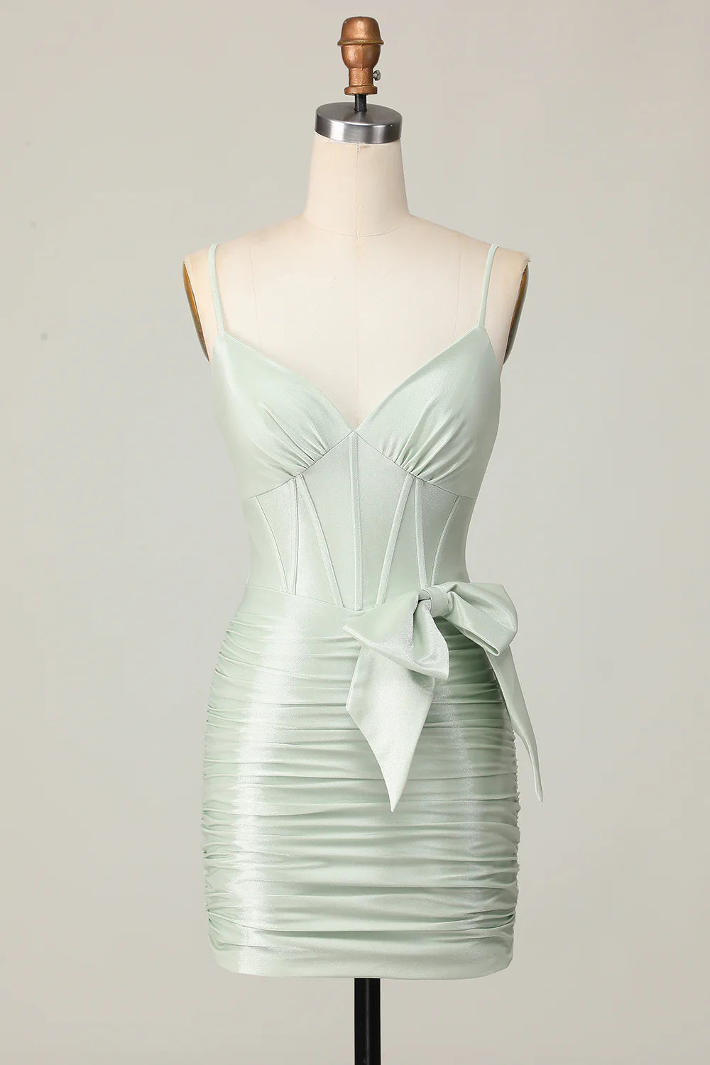 Sage corset ruched short homecoming dress with bow detail, front view.