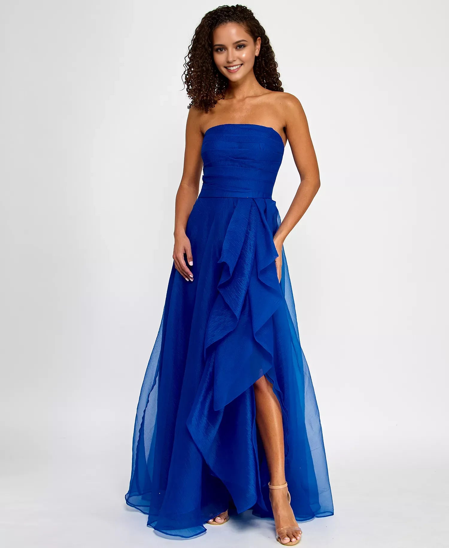 Elegant Royal A-Line Bandeau Neckline Strapless Asymmetric Drape Back Zip Floor-length Chiffon Prom Dresses