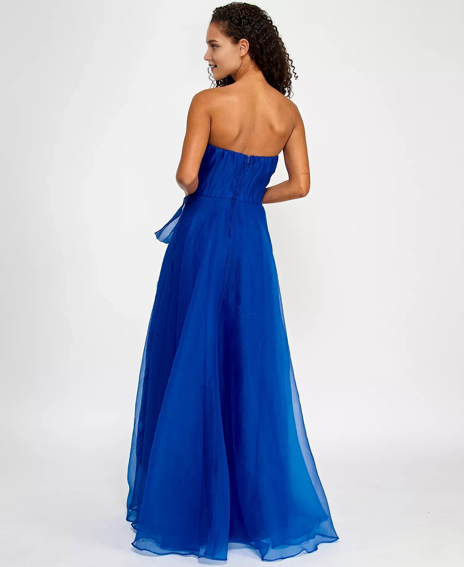 Elegant Royal A-Line Bandeau Neckline Strapless Asymmetric Drape Back Zip Floor-length Chiffon Prom Dresses