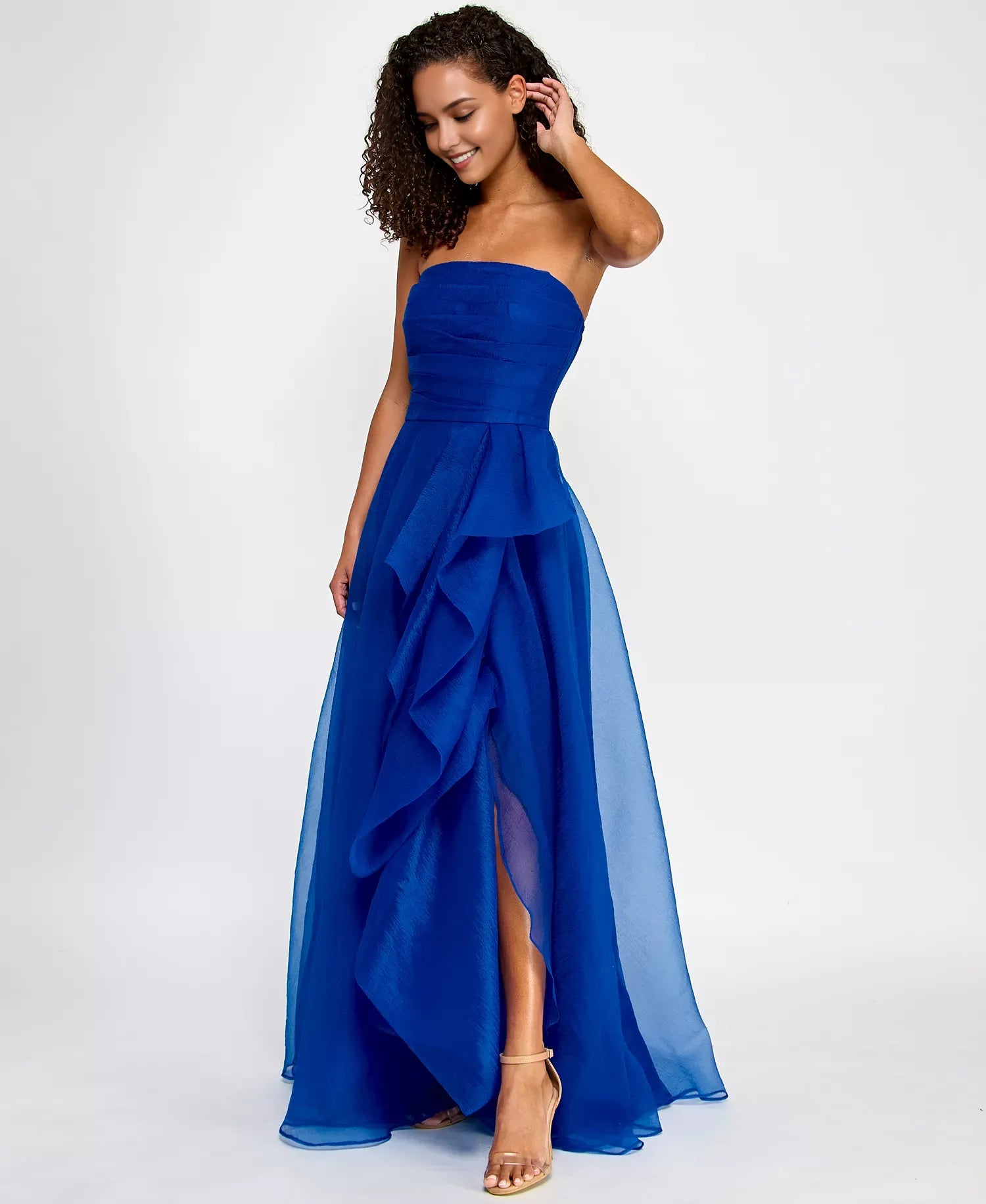 Elegant Royal A-Line Bandeau Neckline Strapless Asymmetric Drape Back Zip Floor-length Chiffon Prom Dresses