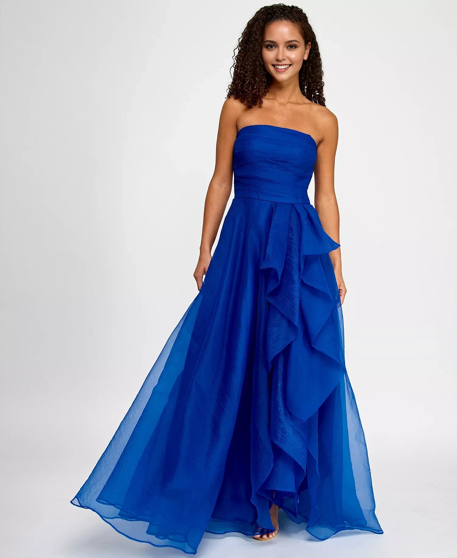 Elegant Royal A-Line Bandeau Neckline Strapless Asymmetric Drape Back Zip Floor-length Chiffon Prom Dresses