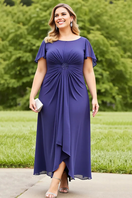 Elegant A-Line Boat Neck Flutter Sleeve Zip-Back Ankle-Length Plus Size Mother of the Bride Dress with Ruffles