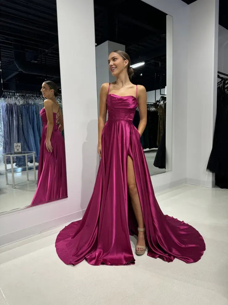 Elegant A-Line Boat Neck Spaghetti Straps Crisscross Back Floor-Length Ruched Satin Prom Dress with Slit