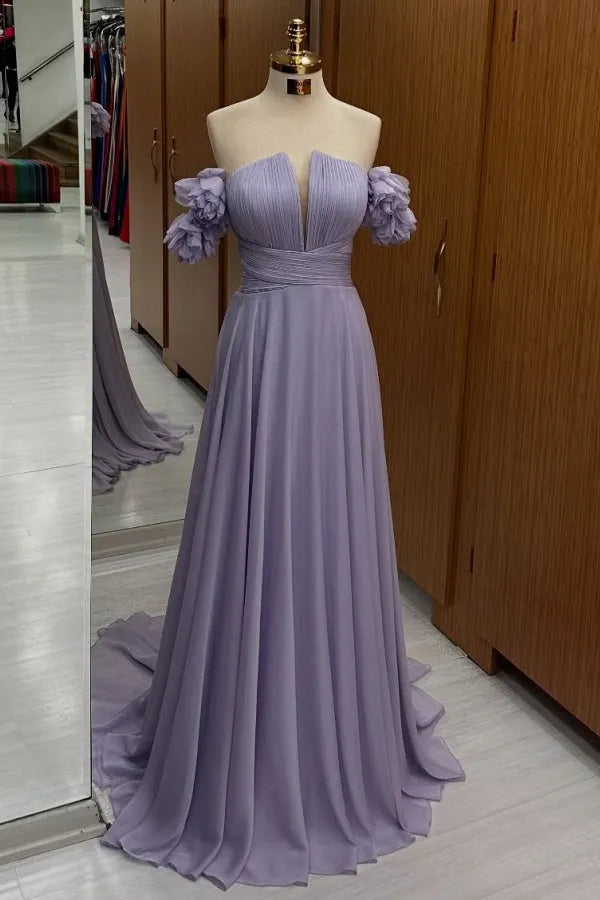 Elegant A-Line Chiffon Off-Shoulder Sleeveless pleated Floral-Embellished Lace Up  Floor-Length Prom Dress
