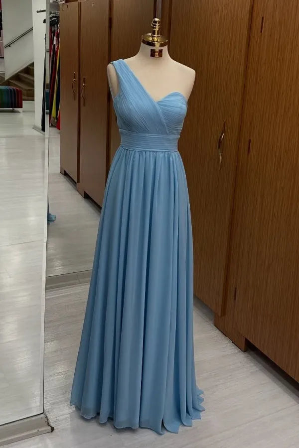 Elegant A-Line Chiffon One-Shoulder Sleeveless Pleated Ruffles Floor-Length Prom Dress Hot Sale