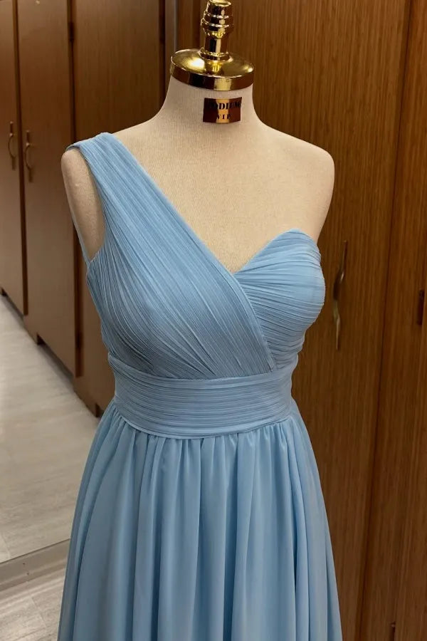 Elegant A-Line Chiffon One-Shoulder Sleeveless Pleated Ruffles Floor-Length Prom Dress Hot Sale
