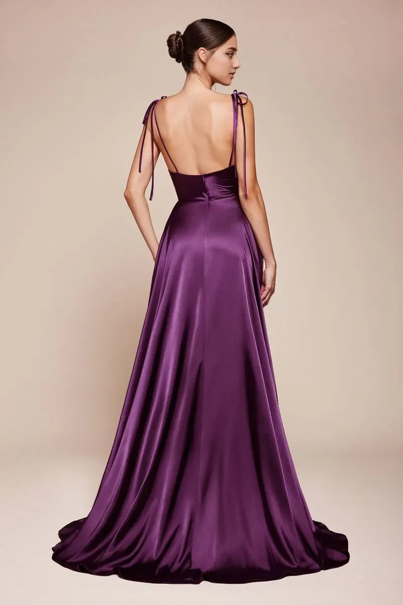 Elegant A-Line Cowl Neck Spaghetti Straps Satin Back Zip High Side Slit Floor-Length Prom Dresses