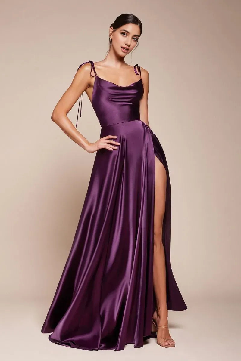Elegant A-Line Cowl Neck Spaghetti Straps Satin Back Zip High Side Slit Floor-Length Prom Dresses