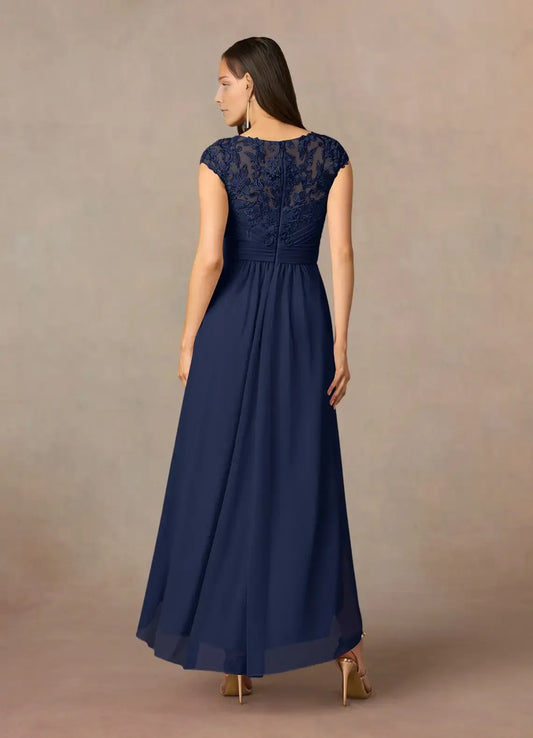 Elegant  A-Line Dark Navy Lace Scoop Cap Sleeve Back Zip Asymmetrical Mother of the Bride Dress for ladies hot sale