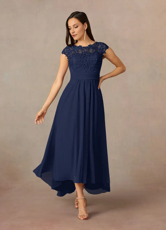 Elegant  A-Line Dark Navy Lace Scoop Cap Sleeve Back Zip Asymmetrical Mother of the Bride Dress for ladies hot sale