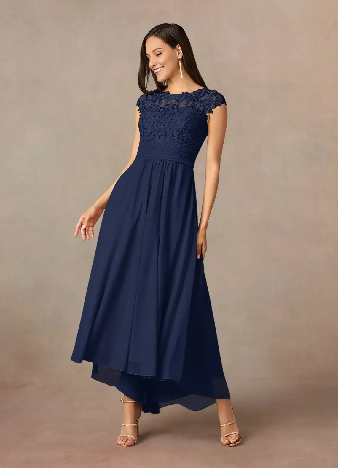 Elegant  A-Line Dark Navy Lace Scoop Cap Sleeve Back Zip Asymmetrical Mother of the Bride Dress for ladies hot sale