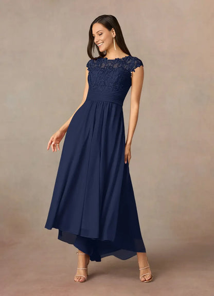 Elegant  A-Line Dark Navy Lace Scoop Cap Sleeve Back Zip Asymmetrical Mother of the Bride Dress for ladies hot sale