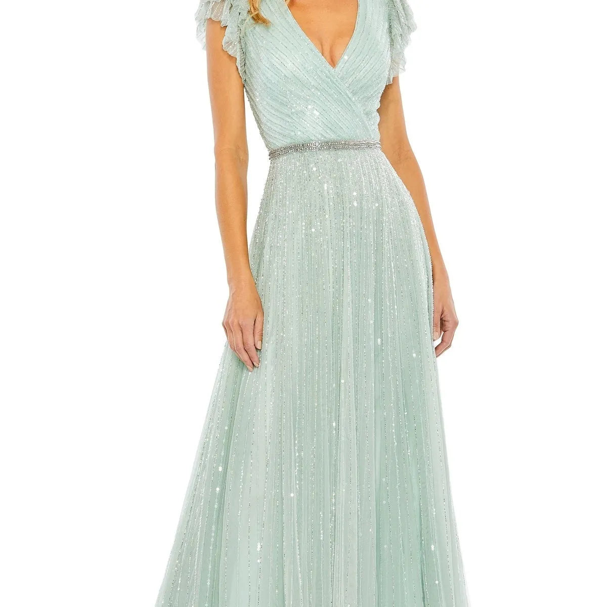 Elegant A-Line Deep V-Neck Short Ruffle Sleeve Back Zip Floor-Length Sequin Pleated Prom Dresses