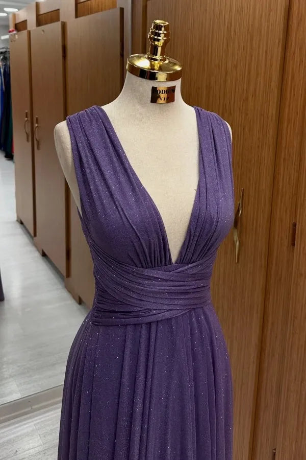 Elegant A-Line Deep V-Neck Sleeveless Ruched Lace Up Floor-Length Prom Dresses Hot Sale