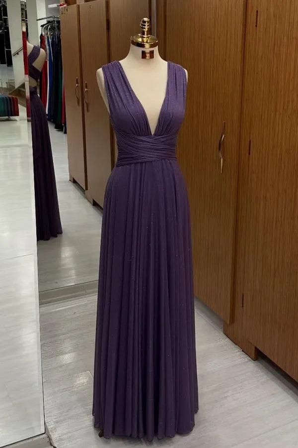 Elegant A-Line Deep V-Neck Sleeveless Ruched Lace Up Floor-Length Prom Dresses Hot Sale