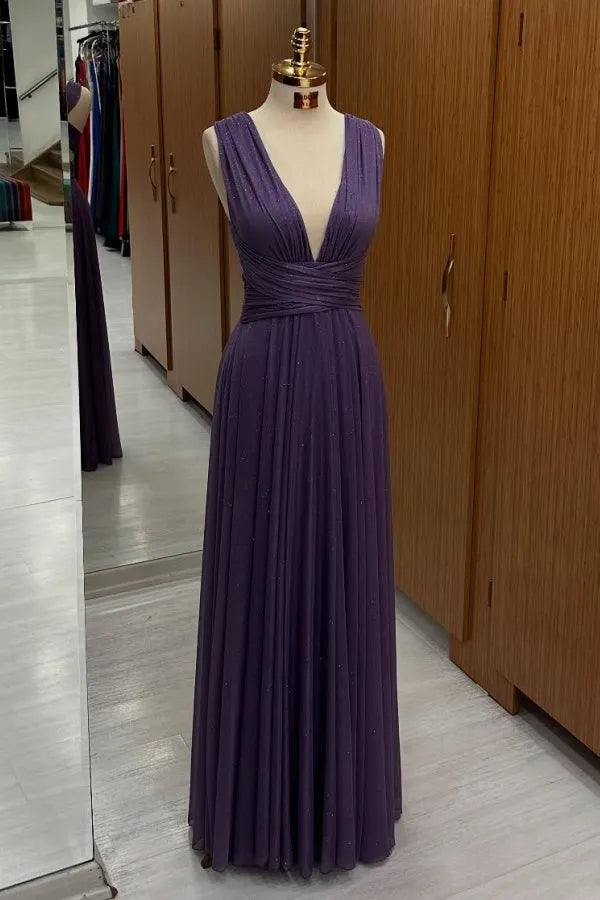 Elegant A-Line Deep V-Neck Sleeveless Ruched Lace Up Floor-Length Prom Dresses Hot Sale