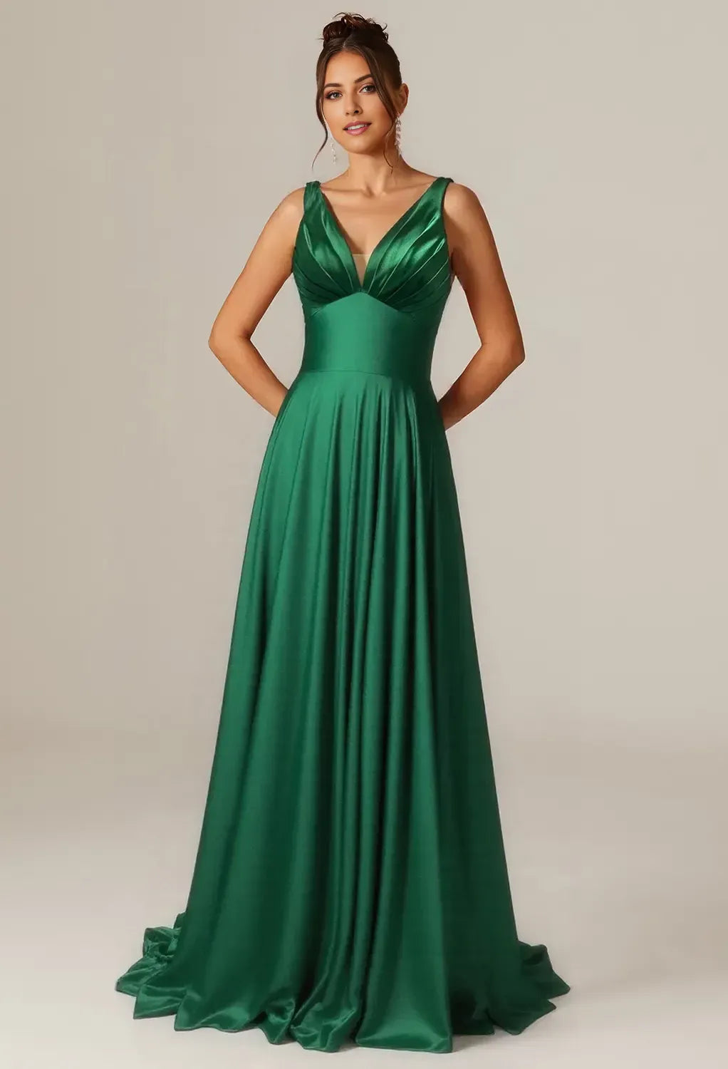 Elegant A-Line Deep V-Neck Spaghetti Strap Crisscross Back Floor-Length Satin Prom Dresses